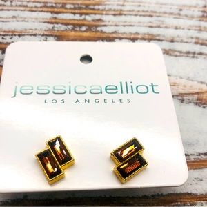 Jessica Elliot Brown And Gold Double Baguette Swarovski Crystal Stud Earrings